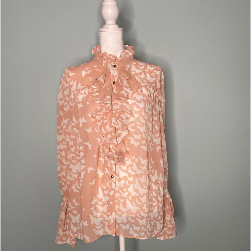 Gorgeous blush ruffle blouse with butterfly motif.  Size M by Ark & Co